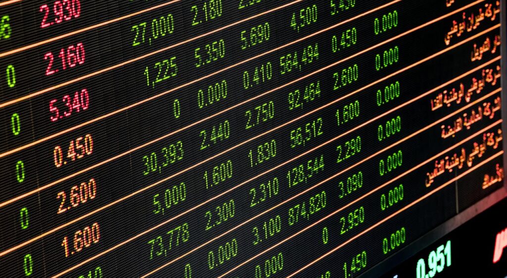 Detailed view of a stock market screen showing numbers and data, symbolizing financial trading.